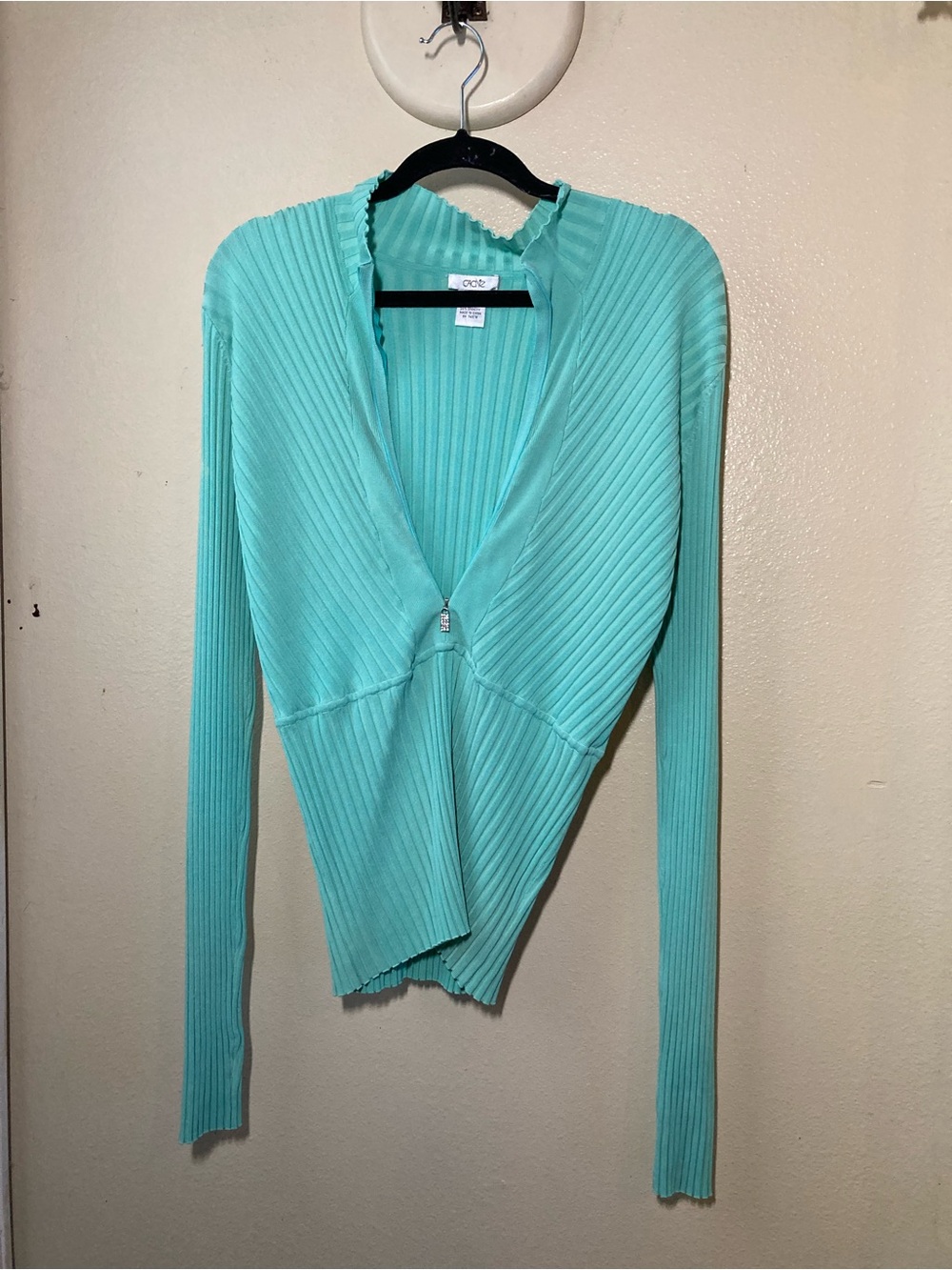 Cache Silk Turquoise Ribbed Zip-Front Ruffle Collar Blouse Rhinestone Zipper - Picture 3 of 11
